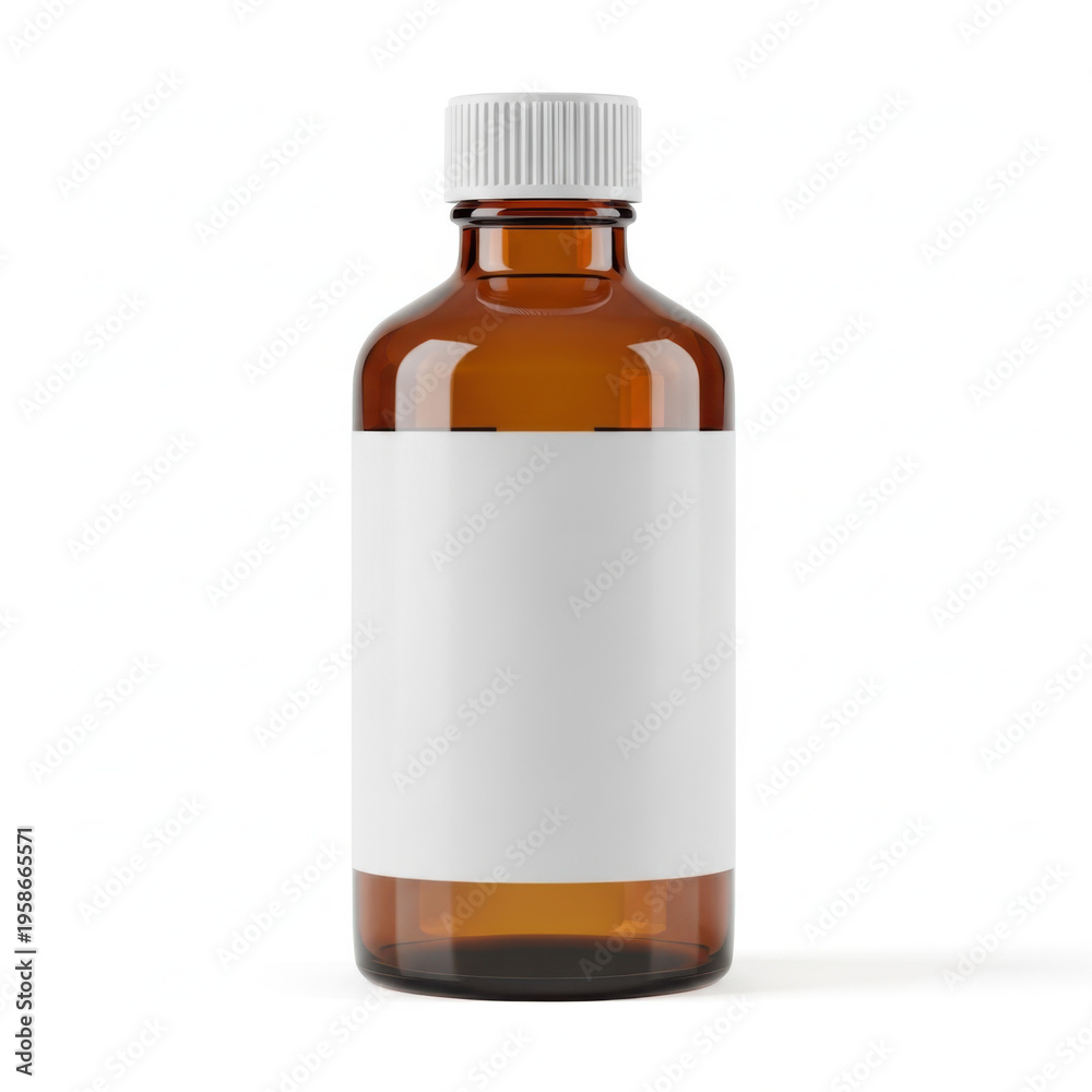 Fototapeta premium A clear glass bottle with a white label and a dropper cap, isolated on transparent background