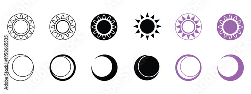 Sun and moon icon, day and night mode adjustment buttons vector illustration, brightness and dark mode toggle symbol