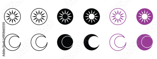 Sun and moon icon, day and night mode adjustment buttons vector illustration, brightness and dark mode toggle symbol, user interface and settings sign