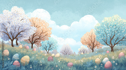 Blue Spring Meadow With Blooming Pastel Trees And Decorative Easter Eggs In Grass