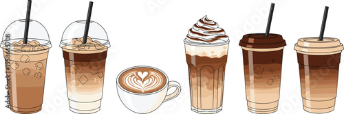 Iced and hot coffee drinks collection with latte and frappe. Modern cafe beverages set. Perfect for menu design, branding and coffee shop visuals.