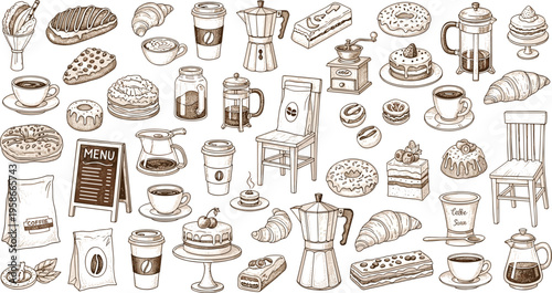 Hand drawn bakery and coffee elements set. Vintage sketch collection of pastries, drinks and cafe objects. Perfect for menu, cafe branding and food design.