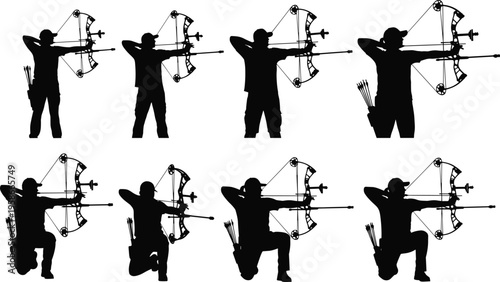 archery silhouettes, compound bow archer, shooting practice poses, target aiming, hunting sport illustration, archer collection, bow and arrow, black silhouette set