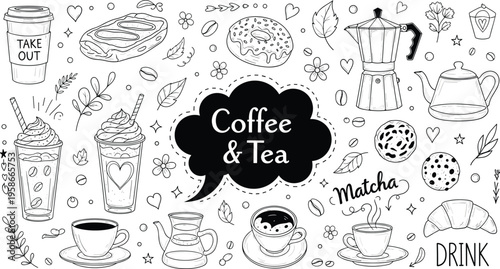 Coffee and tea doodle elements set. Hand drawn cafe drinks, desserts and decorative icons collection. Perfect for menu, packaging, branding and beverage design.