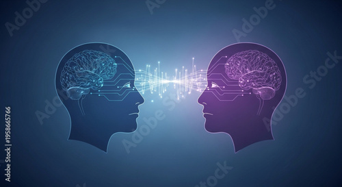 Two human heads with brains exchanging ideas symbolizing communication and teamwork in a digital illustration