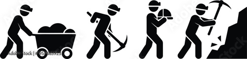 Four black stick figures illustrate various manual laborers performing mining and construction related tasks