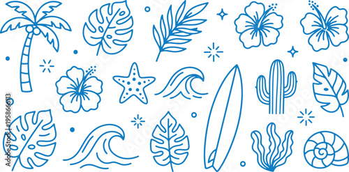 Tropical summer vacation icons set with palm trees hibiscus flowers surfboard cactus waves and leaves on white background for travel and holiday design