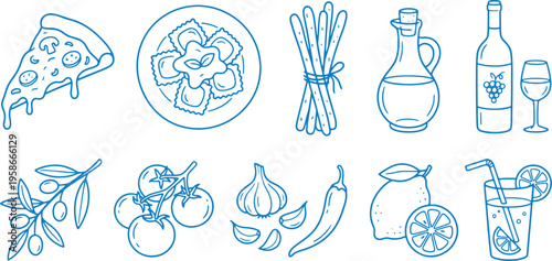 Various food and drink icons including pizza salad wine and cocktail with fresh ingredients like olives tomatoes and chili pepper on white background for culinary or restaurant design