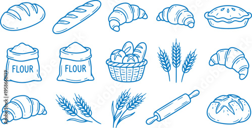 Various types of bread and baking ingredients illustrations including croissants baguette flour wheat and rolling pin on white background for culinary and baking concepts