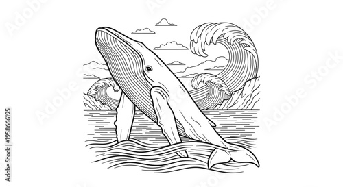 Monochrome illustration of a whale leaping out of ocean waves