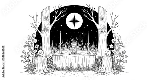 Mystical forest altar illustration moonlit scene with candles and trees
