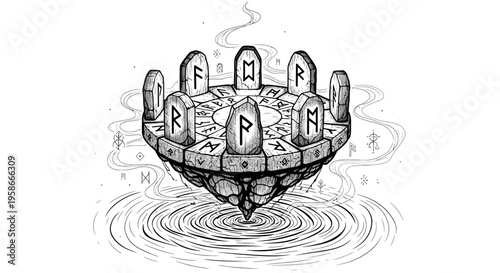 Mystical floating island with ancient rune stones and swirling vapor illustration