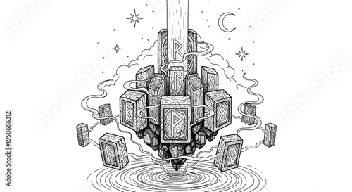Mystical illustration of floating stone structure with runes and ethereal elements