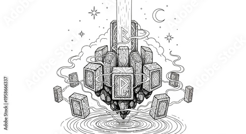Mystical stone structure artwork with runes and celestial elements