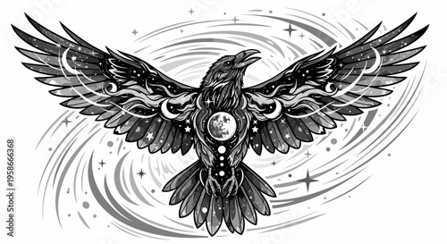 Raven with celestial design against a swirling galaxy background illustration