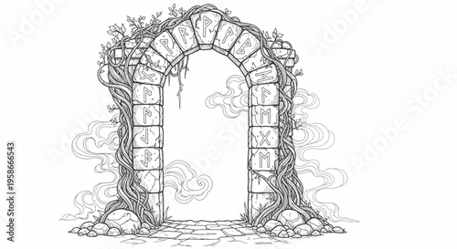 Stone archway illustration with runes and vines for mystical concept