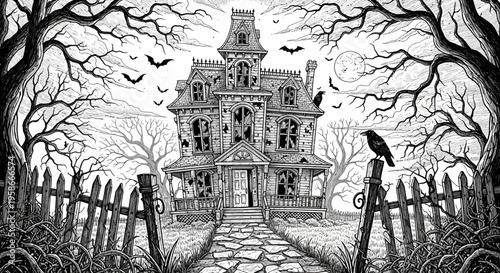 Spooky haunted house illustration with bats and a crow in a monochrome scene