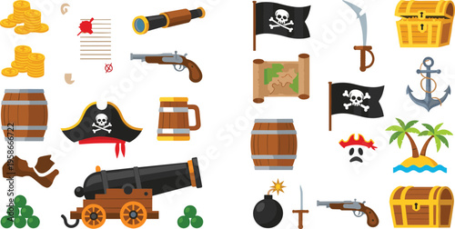 Set of Pirate Elements Illustrations Treasure Chest Cannon Map Flag Anchor Weapons and Accessories Collection Isolated on White Background Vector