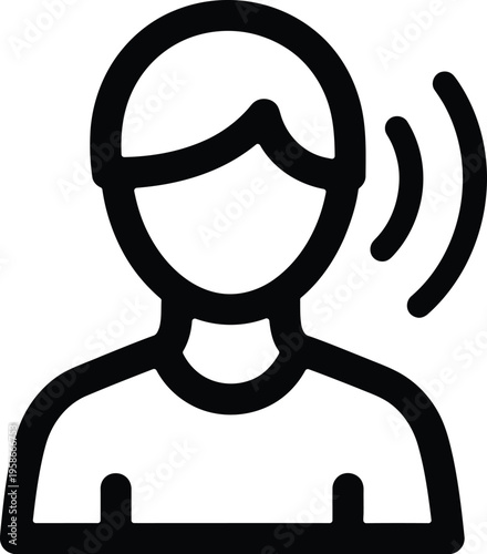 A simple black and white icon of a person speaking or listening