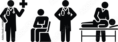 Four simple black stick figures represent various medical professionals and patients in different healthcare scenarios
