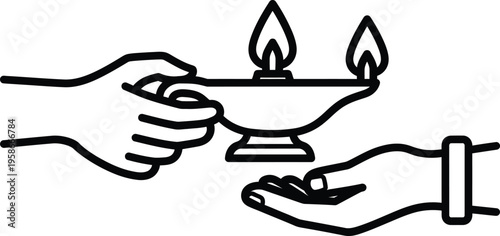 Two hands holding and receiving a lit oil lamp with two flames