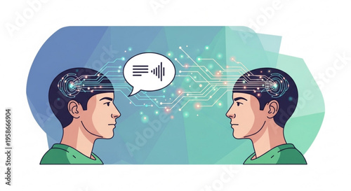 Two men with circuit brain technology communicate with speech bubble on blue green background