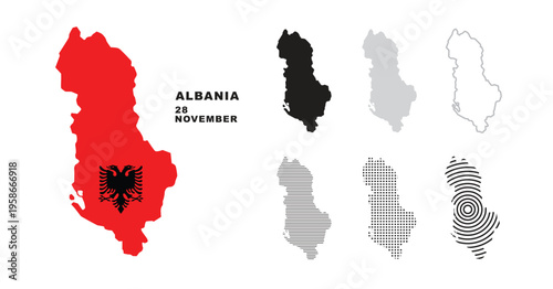 Set of isolated albania maps. albania flag overlaid with flag proportions. Maps and traveling around the world