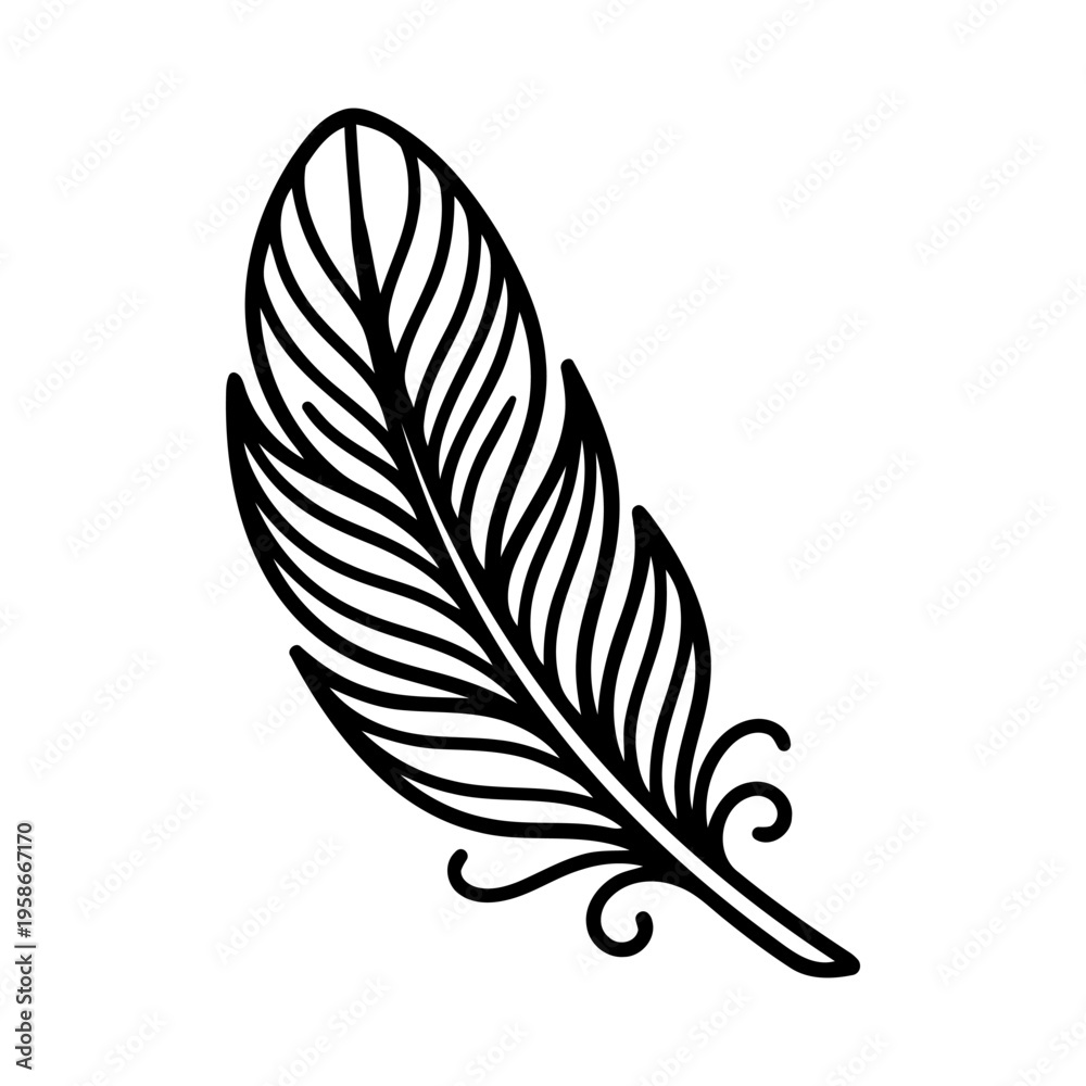 Fototapeta premium Detailed feather icon made in black outline, symbolizing lightness, nature, writing and elegance. Vector illustration.