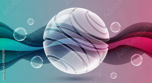 3d glass sphere with swirling blue and purple hues on a gradient background with wavy lines and bubbles