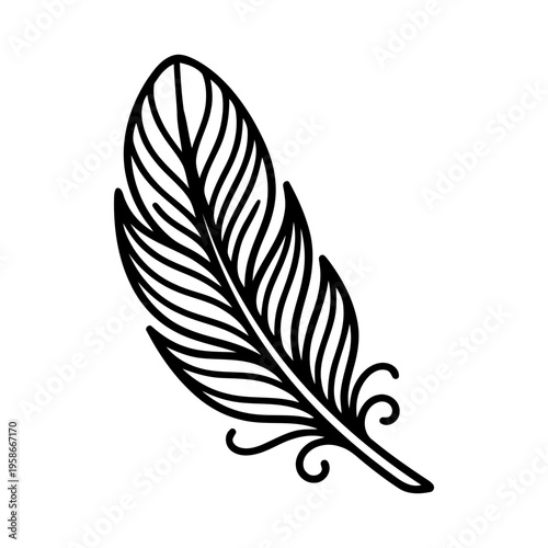 Detailed feather icon made in black outline, symbolizing lightness, nature, writing and elegance. Vector illustration.