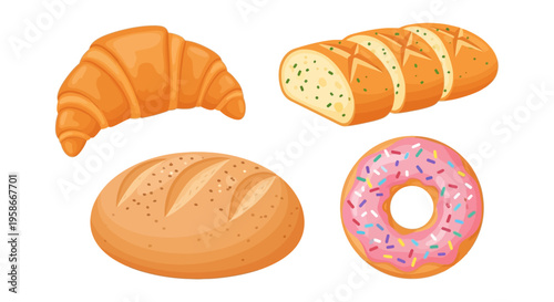Colorful Cartoon Illustration of Fresh Croissant Baguette Bread and Donut.