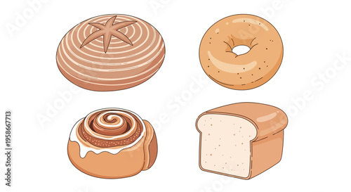 Assortment of Fresh Baked Goods Including Bagel Bread Cinnamon Roll and Donut Illustration.