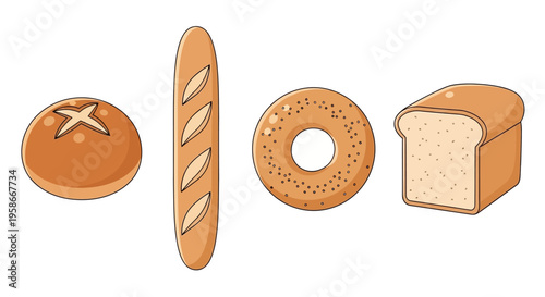 Assortment of Fresh Baked Bread Varieties Including Baguette Bagel Roll and Slice.