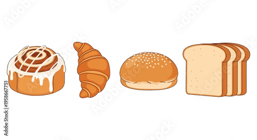 Assortment of Fresh Baked Goods Including Cinnamon Roll, Croissant, Bun and Bread Slices.
