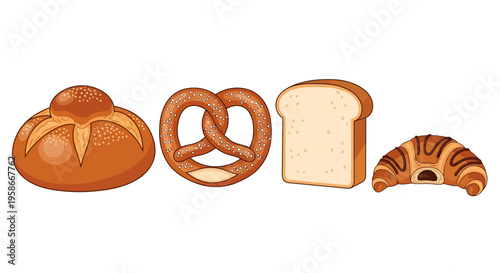 Assortment of Freshly Baked Bread Rolls Pretzels and Croissants Illustration.