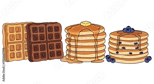 Cartoon Illustration of Stacked Waffles and Pancakes with Syrup Butter and Blueberries.