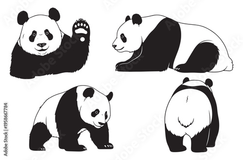 Giant panda bear collection with waving panda sitting posture walking pose and rear view for chinese wildlife conservation environmental awareness and zoo mascot branding design.