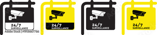 CCTV security camera warning signs, 24/7 surveillance monitoring icons, yellow and black property protection labels, vector set of 4 safety placards
