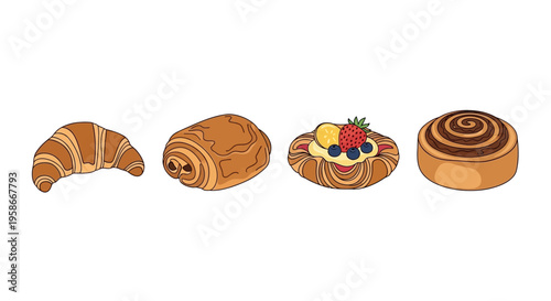Assortment of Freshly Baked Pastries Including Croissant Chocolate Roll Berry Danish and Cinnamon Bun.