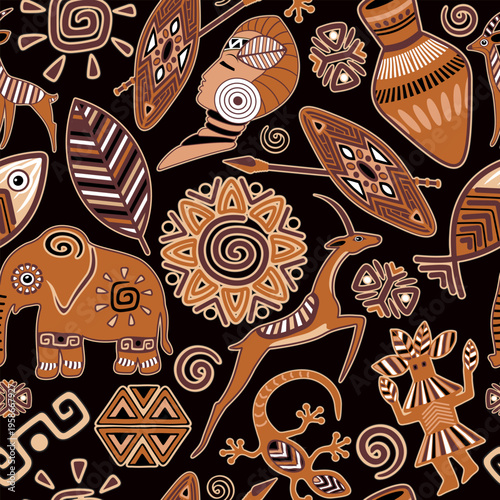 Ethnic and Tribal Vector Icons and Symbolic African Decorative Design Elements. Elephant, gazelle, gecko lizard, jar, sun, and other abstract emblems are all assemble to compose a Repeat Seamless Vect