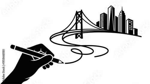 Minimalist Hand with Pencil Drawing Bridge and Cityscape Line Art, Monochrome Vector Illustration of Creativity and Architecture