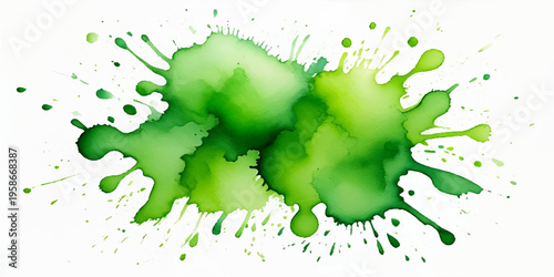 Green paint splashes and watercolor splatters create a grunge texture with ink blots and liquid drops on a white background for an artistic vector design pattern