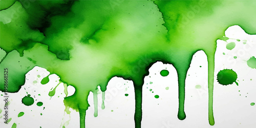 An abstract watercolor background features artistic green paint splashes and leaf patterns with colorful ink stains and grunge brush textures on paper