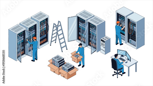 Isometric data center with modern server room and network infrastructure elements
