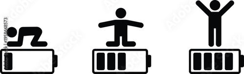 Progressive energy journey depicted by stick figures on expanding battery power indicators