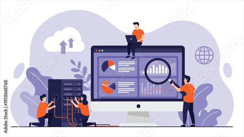 Web hosting and cloud computing poster featuring system admins managing software, databases, and IT infrastructure. Vector concept of data storage and technology maintenance