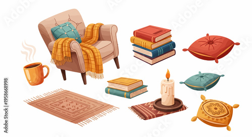 Cozy armchair with throw blanket and books.