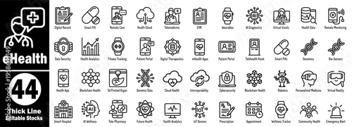 eHealth thick line icons set. Collection of digital records, smart pill remote care health cloud, and telemedicine graphics for professional medical applications vector illustration.
