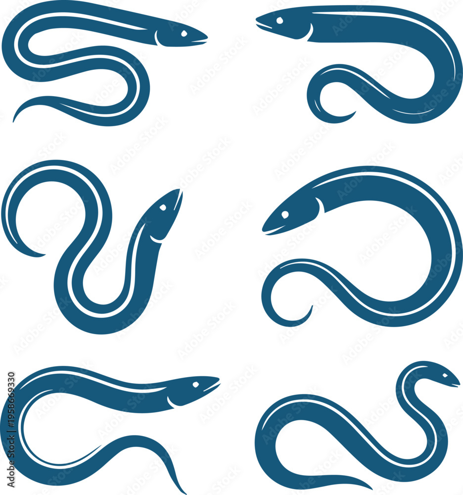 Obraz premium Black Eel and Moray Vector Illustration Set - Minimalist Aquatic Snake Icons