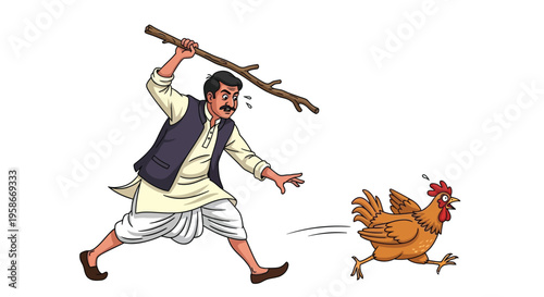 Cartoon man chases a chicken with a stick vibrant illustration silhouette